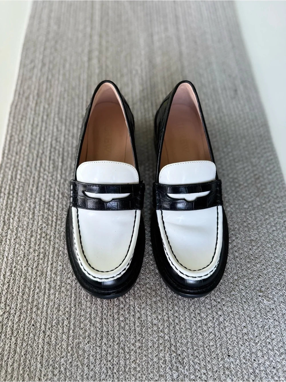 J. Crew Coin Loafers Black and White Croc Embossed Leather Loafers Size 7.5
